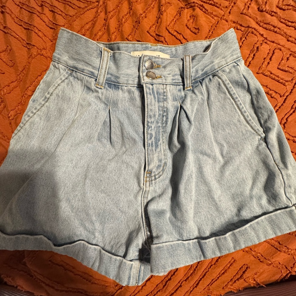 High Waist Blue Denim Shorts with Cuffed Hem